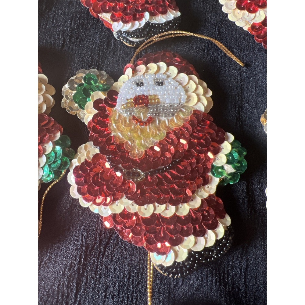 Vintage Sequin Beaded Santa Claus Christmas Irnaments Lot Of 10 Double Sided 4"